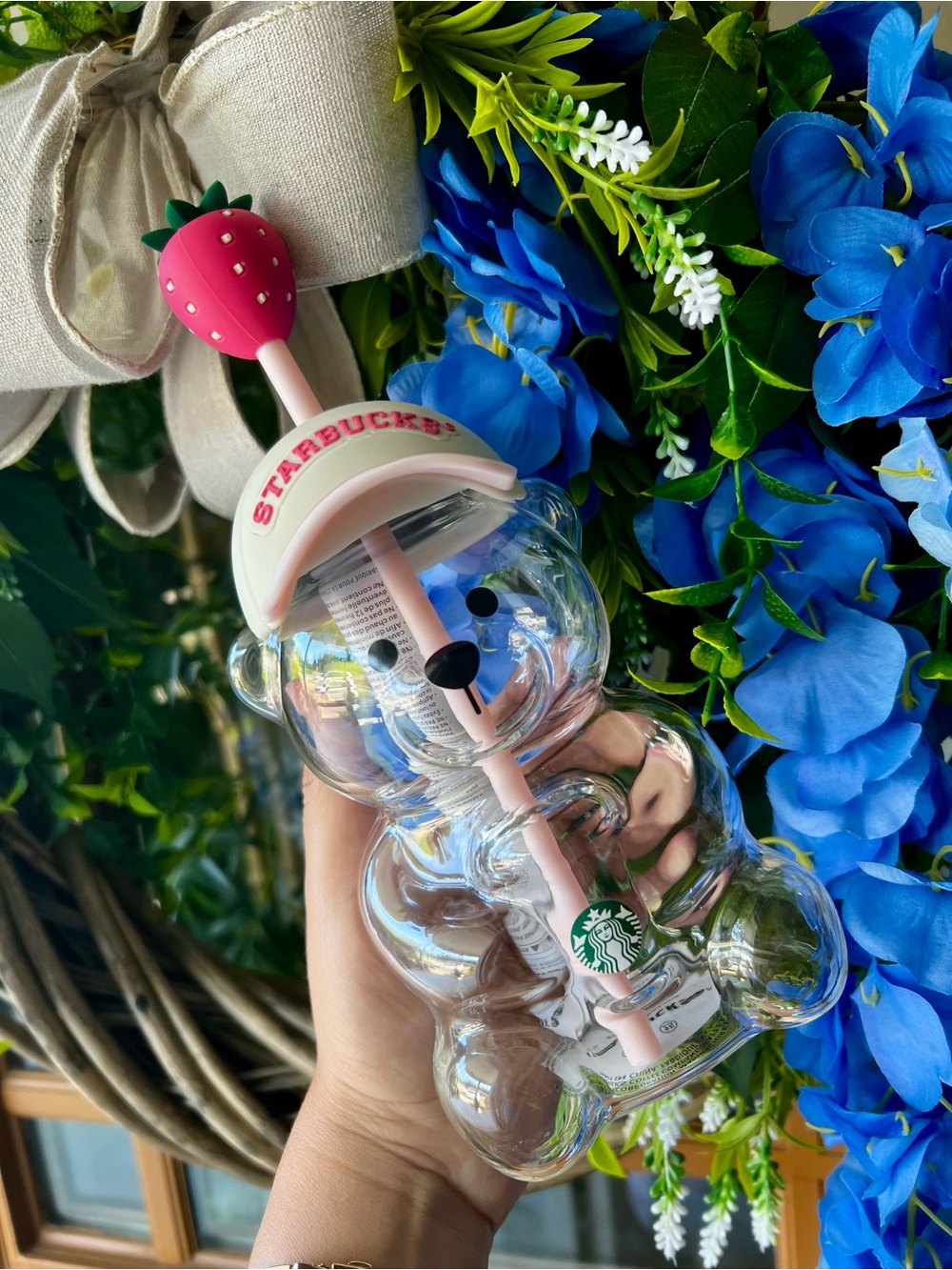 Starbucks Clear Bear Cup with Pink Straw and Strawberry Top